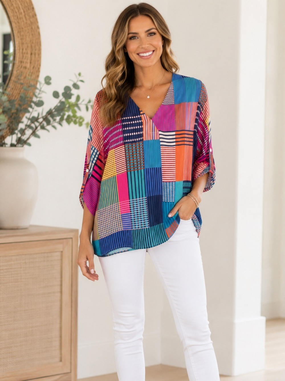 Umgee Mixed Stripe Patchwork V-Neck Tab-Sleeve Blouse Top - Medium